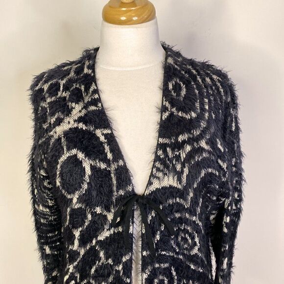 Save The Queen Black and White Longline Wool Blend Fuzzy Cardigan - Picture 3 of 7